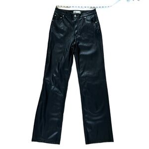 ZARA Faux Vegan Black Leather High-Rise Straight Leg Pants Stretch US SZ 6